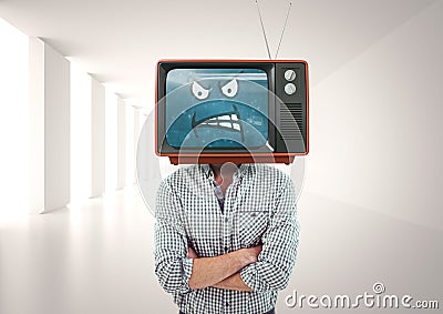 Angry man with his hands folded. Tv head Stock Photo