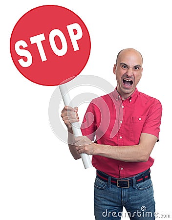 Angry man holding a stop sign. Isolated Stock Photo