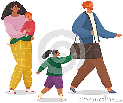 Angry man leaving family after conflict. Woman and man quarreling, father leaves thinking of divorce Vector Illustration