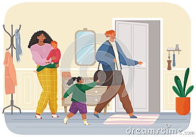 Angry man leaving family after conflict. Woman and man quarreling, father leaves thinking of divorce Vector Illustration