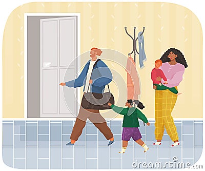 Angry man leaving family after conflict. Woman and man quarreling, father leaves thinking of divorce Vector Illustration