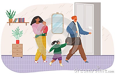 Angry man leaving family after conflict. Woman and man quarreling, father leaves thinking of divorce Vector Illustration