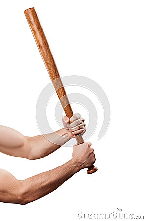 Angry man muscular hand holding baseball sport bat Stock Photo