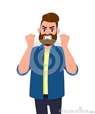 Angry man raised fist and shout or screaming expression. Man expresses negative emotions and feelings, shouts loudly. Vector Illustration