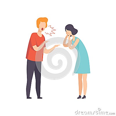 Angry man screaming at crying woman, couple quarreling, family conflict, disagreement in relationship vector Vector Illustration