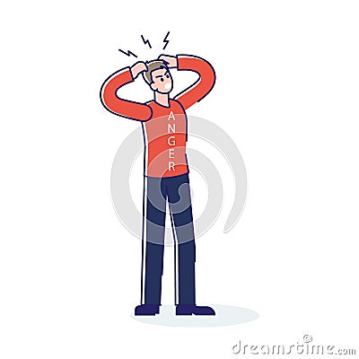 Angry man screaming and tearing hair. Businessman crazy in anger. Furious and mad male cartoon Vector Illustration