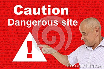 Angry man shows an exclamation mark on a triangle, concept attention on a red technological background, concept Deceptive site Stock Photo