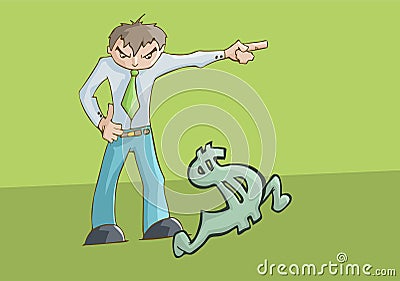 Angry man upset pointing to the left and a Dollar Sign running. Vector Illustration