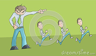 Angry man upset pointing to the left and 3 employees running. Vector Illustration