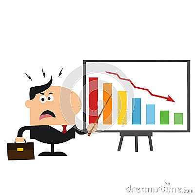 Angry Manager Pointing To A Decrease Chart On A Board.Flat Style Vector Illustration