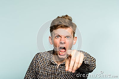 Angry mental man scream point crazy berserk person Stock Photo