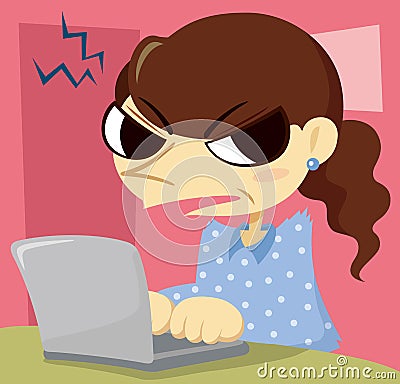 Angry middle-aged woman with a laptop Vector Illustration