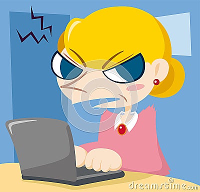 Angry middle-aged woman with a laptop Vector Illustration