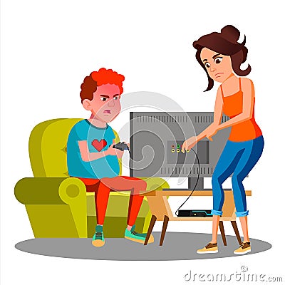 Angry Mother Cutting Wire Of Son Using Video Game Vector. Isolated Illustration Vector Illustration