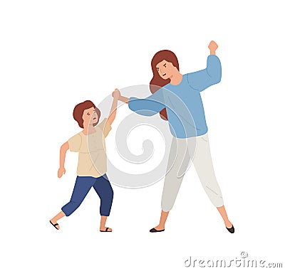 Angry mother hit crying daughter isolated on white background. Female child victim of domestic violence from irritated Vector Illustration