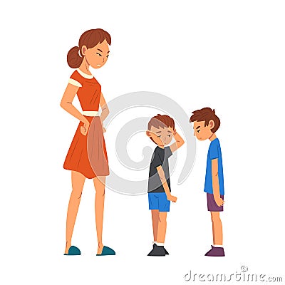 Angry Mother Scolding Her Naughty Sons, Relationships Between Kids and Parent Vector Illustration Vector Illustration