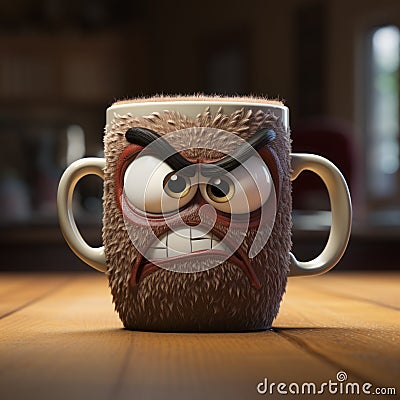 Angry Mug With Furry Face: A Pixar Style Grumpy Coffee Companion Stock Photo