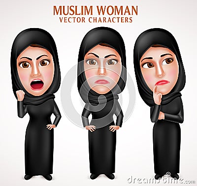 Angry muslim arab woman vector characters with facial expressions Vector Illustration