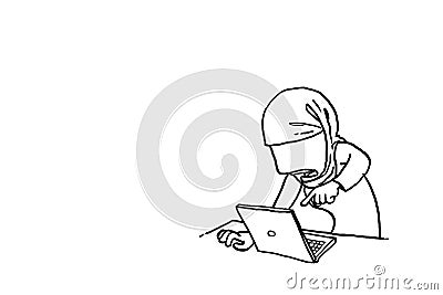 Angry muslim woman pointing finger to laptop monitor. Vector Illustration