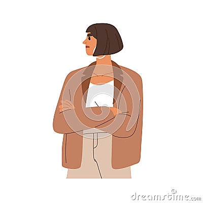 Angry offended woman with arms crossed. Discontent irritated office worker. Annoyed displeased employee in stress Vector Illustration