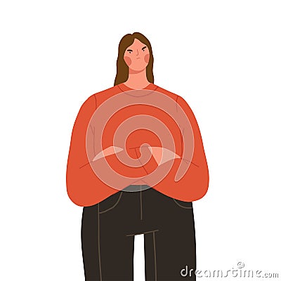 Angry offended woman with arms crossed. Frustrated female character with unhappy face expression. Flat graphic vector Vector Illustration