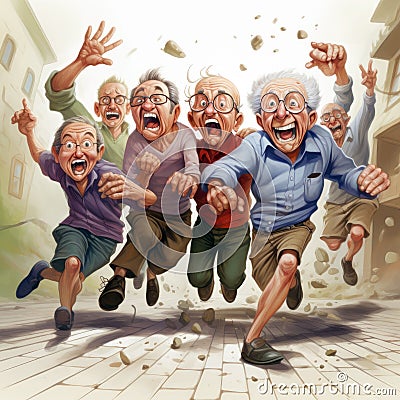 Angry old man runing Cartoon Illustration