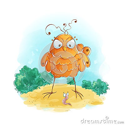 Angry orange bird quarrels with a worm. Vector Illustration