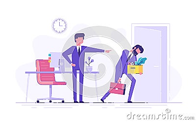 Angry oss dismisses employee. Fired sad man carrying box with his things. Dismissal, unemployment, jobless and employee job Vector Illustration