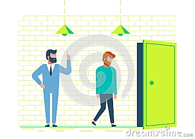 Angry oss dismisses employee. Fired sad man. Dismissal, unemployment, jobless. Flat vector illustration Cartoon Illustration