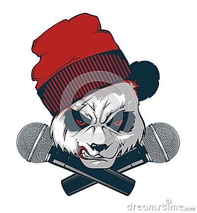 Angry Panda hip-hopper and two crossed microphones Vector Illustration