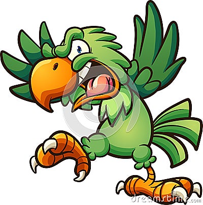 Angry cartoon green parrot with open mouth Vector Illustration