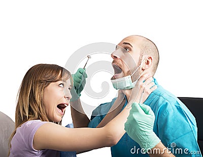 Angry patient by dentist Stock Photo