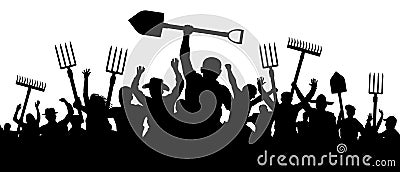 Angry peasants protest demonstration. A crowd of people with a pitchfork shovel rake. Riot workers vector silhouette Vector Illustration