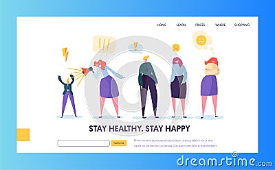 Angry People Character Making Scandal Concept Landing Page. Sad Man and Woman in Business Suit Screaming Megaphone Vector Illustration