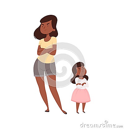 Angry people. Mother and daughter in quarrel. Afroamerican sad adult female and baby girl. Isolated family vector Vector Illustration