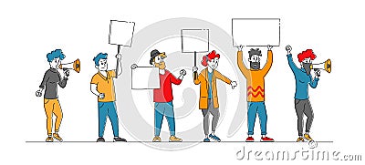 Angry People with Placards Protest on Rally Demonstration, Strike. Characters Holding Empty Placards, Banners or Signs Vector Illustration