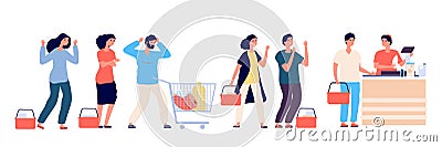 Angry people queue. Dissatisfied and tired customers standing in supermarket line, scream and swear by purchasing Vector Illustration