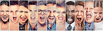 Angry people screaming. Group of men women frustrated shouting Stock Photo