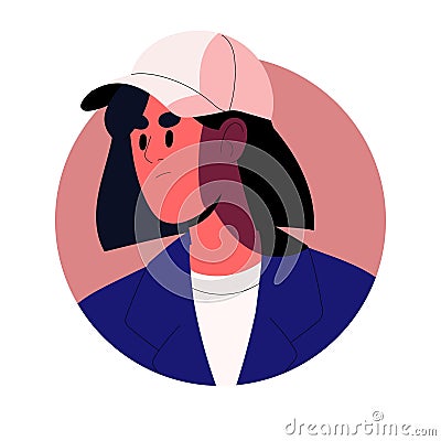 Angry person avatar. Annoyed discontent grumpy character, face portrait in circle. Grumpy gloomy irritated woman. Evil Vector Illustration