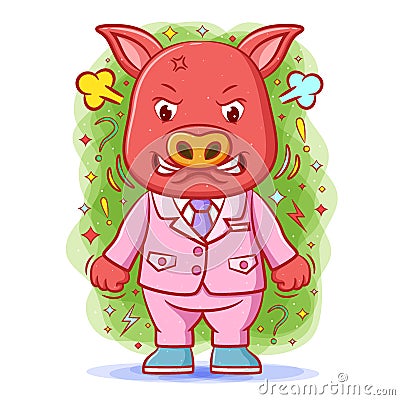 The angry pig with the stress face and clenched fists Vector Illustration