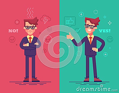 Angry and positive businessmen. Funny characters with mood icons on background. Stock Photo