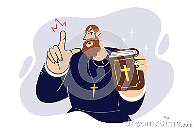 Angry priest stands with bible in hands and reprimands parishioners who do not keep commandments Vector Illustration