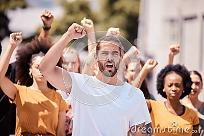 Angry protest leader, global peace march and support human rights, peace from war and gender equality. Leadership Stock Photo