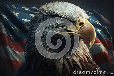 Angry proud eagle on background of American flag, star-striped symbol of USA. Stock Photo