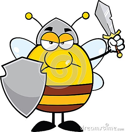 Angry Pudgy Bee Warrior With Shield And Sword Stock Photo