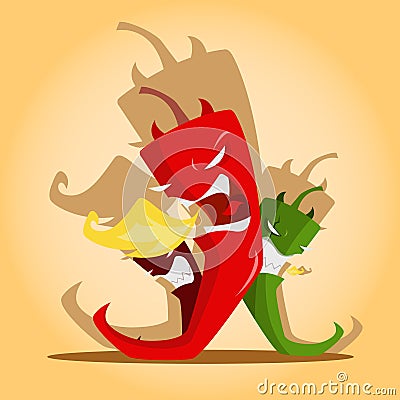 Angry red and green chili peppers Vector Illustration