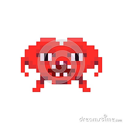 Angry red space invader monster, game enemy in pixel art style on white Vector Illustration