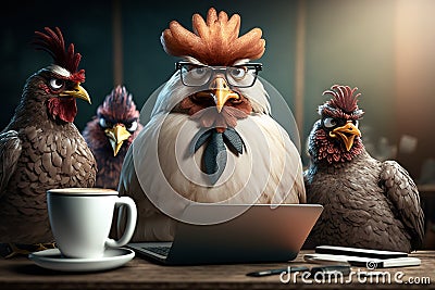 Angry rooster boss and three hens behind a laptop, office work concept. Generative AI Stock Photo