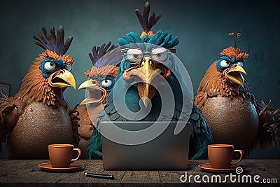 Angry rooster boss and three hens behind a laptop, office work concept. Generative AI Stock Photo