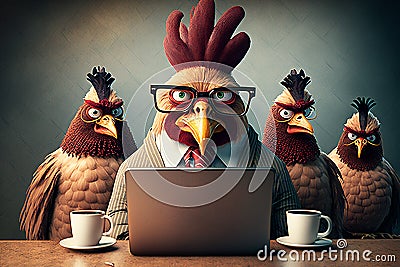 Angry rooster boss and three hens behind a laptop, office work concept. Generative AI Stock Photo